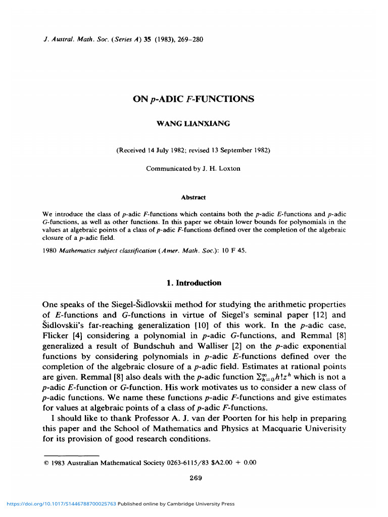 Wang 1983 on p Adic f Functions | PDF | Field (Mathematics) | Function ...