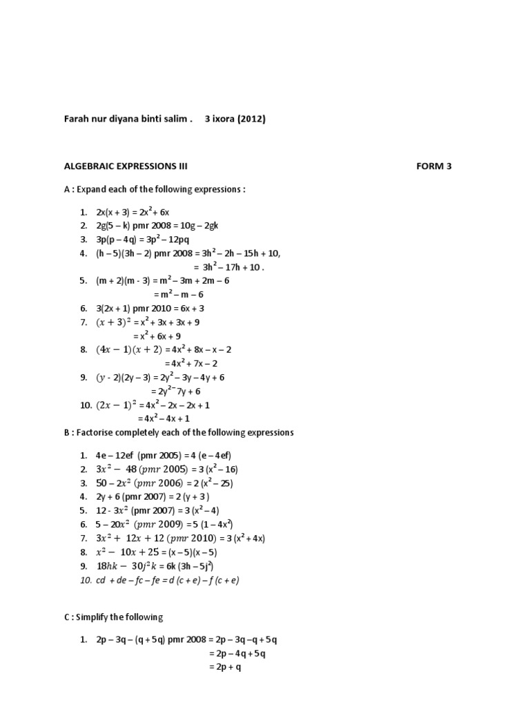 Algebra Practice for Form 3 Students | PDF | Teaching Mathematics