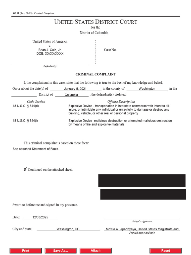 Criminal Complaint Affidavit: Brian J. Cole Jr. | PDF | Title 18 Of The ...