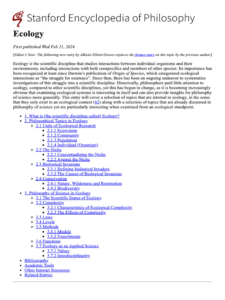 1.1 Stanford Encyclopedia of Philosophy - "Ecology" | PDF