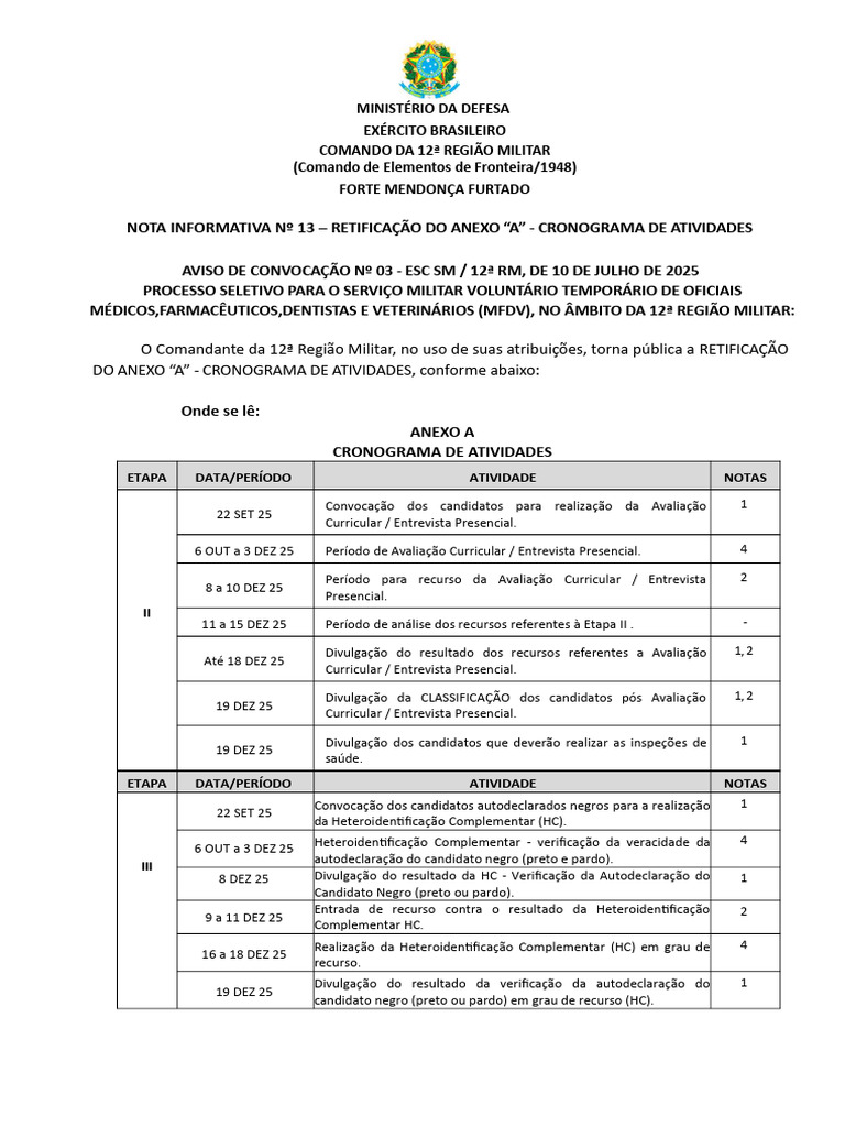Cronograma do Processo Seletivo MFDV 2025 | PDF | Militar