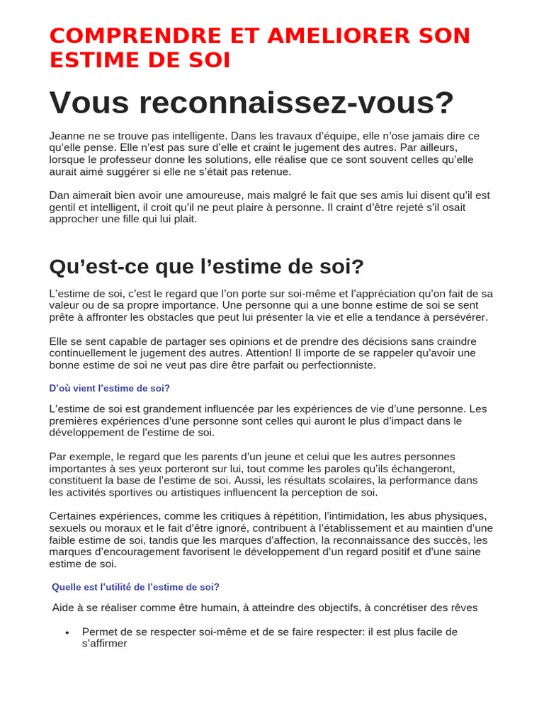 Améliorer son estime de soi efficacement | PDF | Estime de soi ...