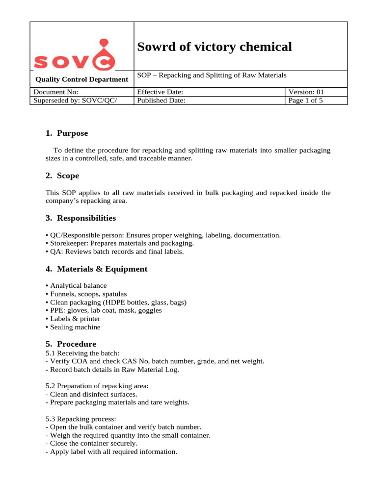 SOP for Repacking Raw Materials | PDF