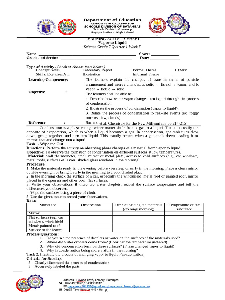 Grade 7 Science: Vapor to Liquid Activity | PDF | Liquids | Condensation