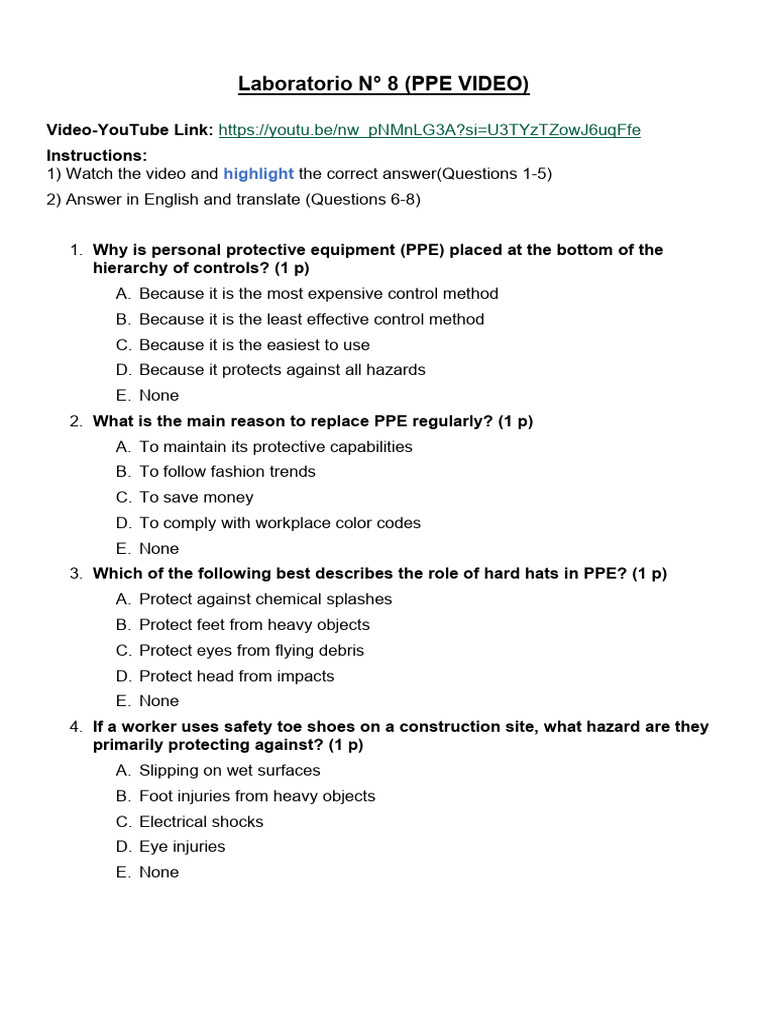 PPE Video Quiz and Guidelines | PDF