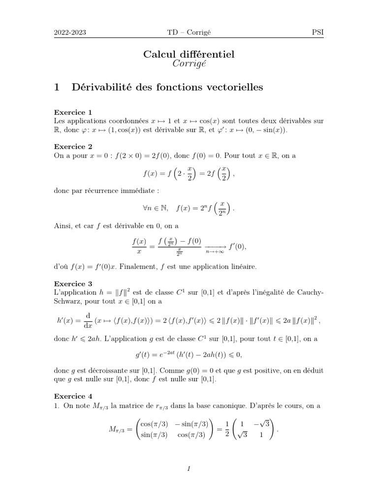 Corrigé TD de Calcul Différentiel PSI | PDF | Équation différentielle ...