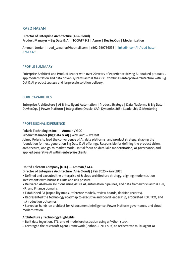 Raed Hasan Cv | PDF | Enterprise Architecture | Microsoft Azure