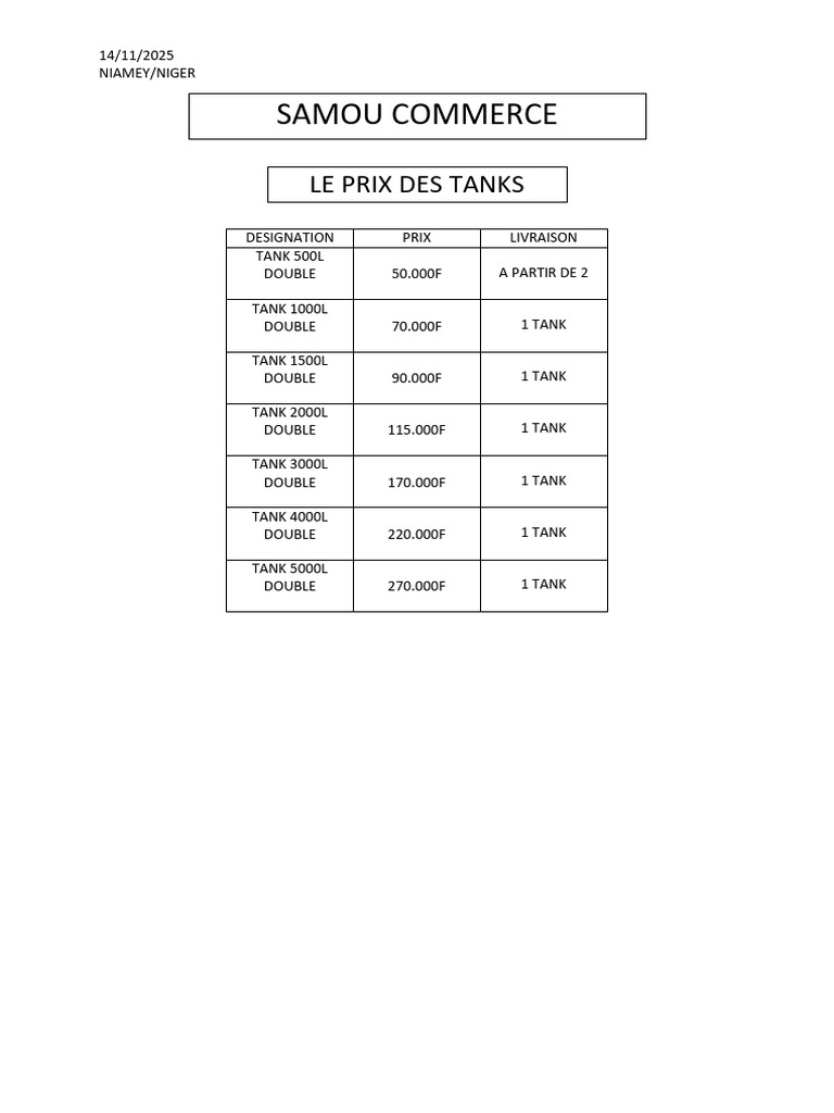 Samou Commerce (Prix Des Tanks) 2 | PDF