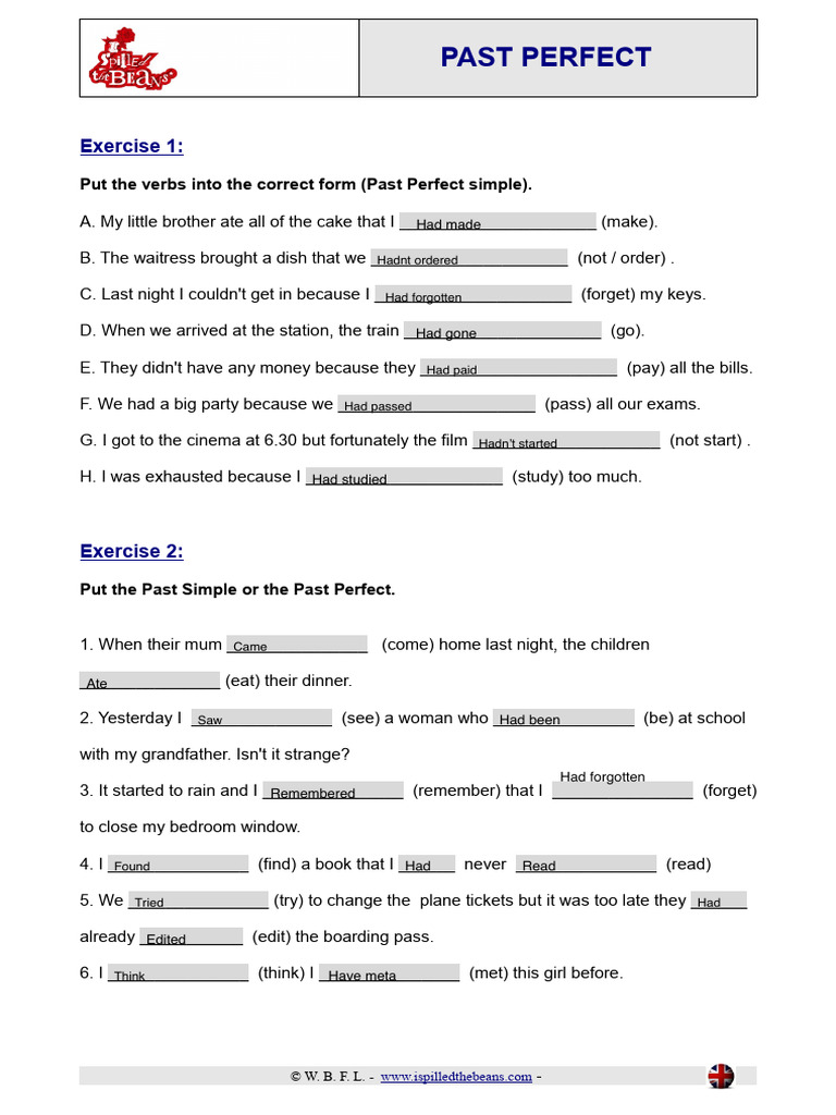 Past Perfect Tense Exercises | PDF