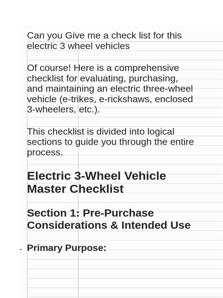 Electric 3-Wheel Vehicle Checklist Guide | PDF | Vehicles | Tire