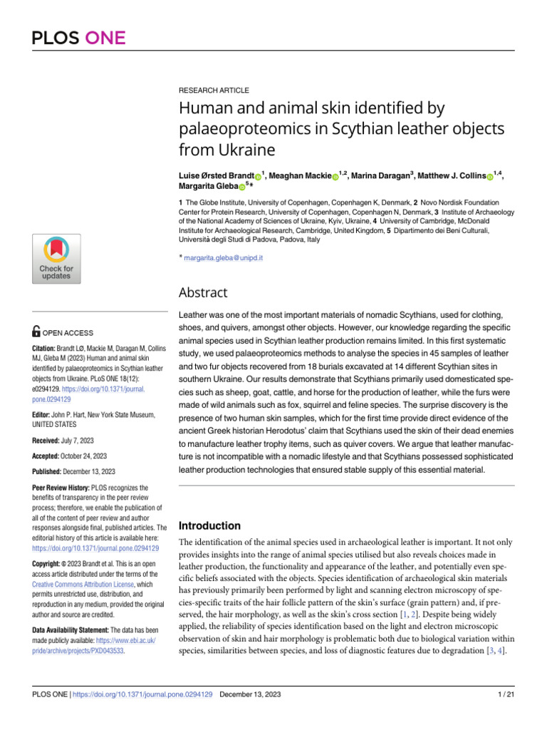 Human and Animal Skin Identified by Palaeoproteomics in Scythian ...