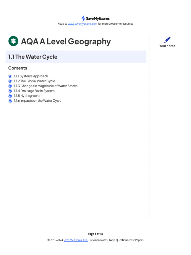 AQA A Level Geography: Water Cycle Overview | PDF | Aquifer | Water Cycle