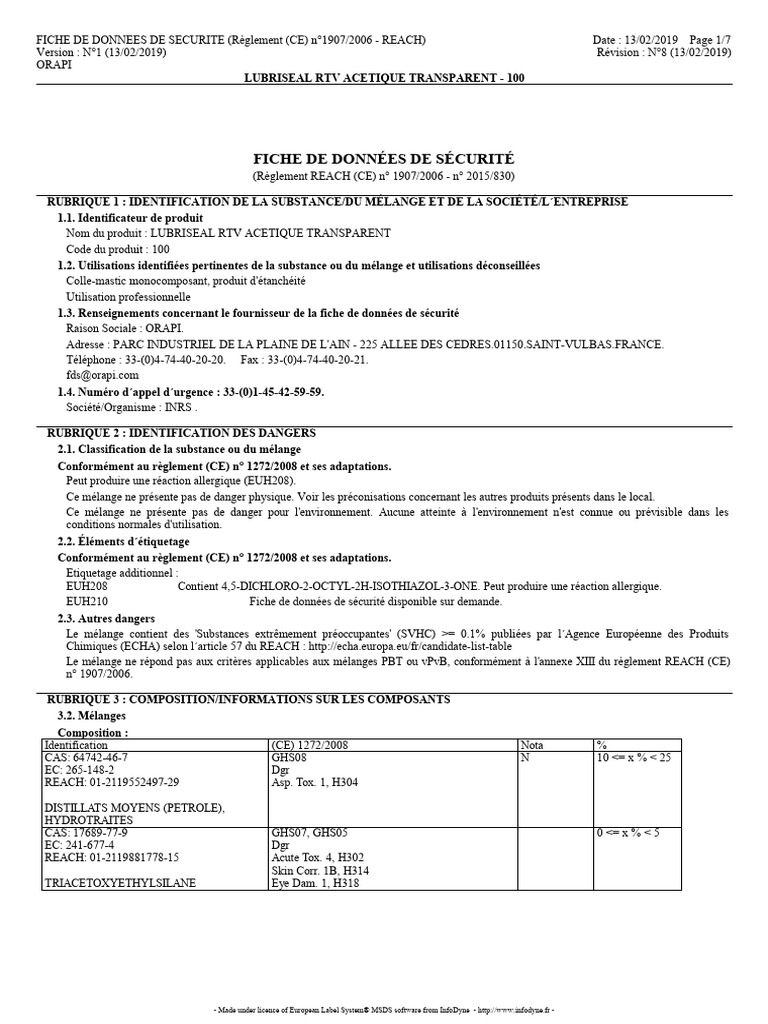 Fiche de sécurité Lubriseal RTV 100 | PDF | Matière dangereuse ...