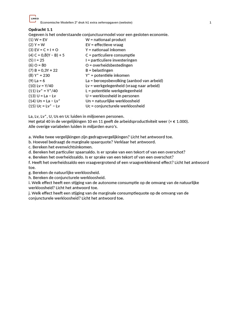 Economische Modellen 2e Druk h1 Extra Oefenopgaven Website | PDF