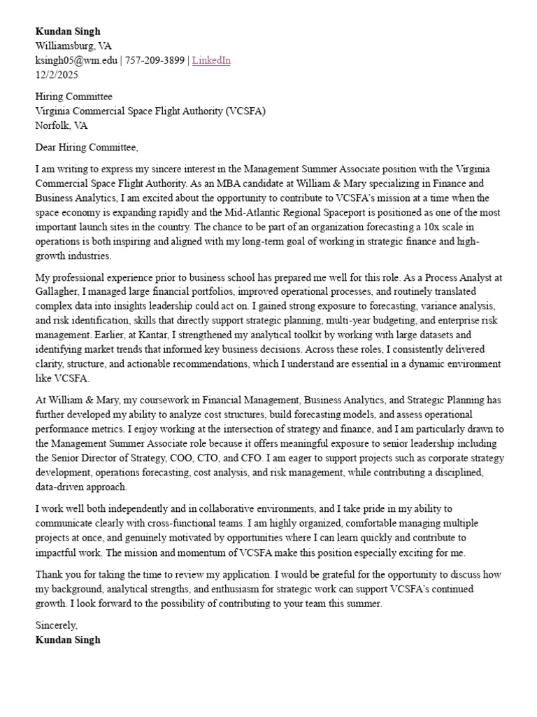 Application for VCSFA Summer Associate | PDF | Analytics | Business