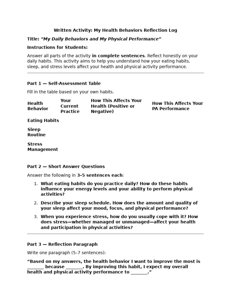 Health Behaviors Reflection Log | PDF