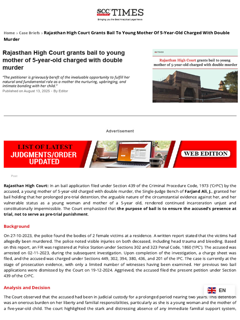 Rajasthan HC Grants Bail to Mother in Murder Case | PDF | Bail | Burden ...