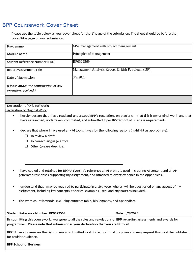 BPP Management Analysis: BP Report | PDF | Bp | Leadership