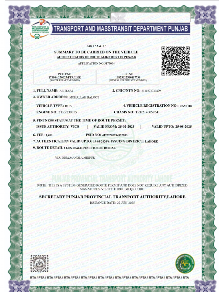 Punjab Transport Route Permit Summary | PDF