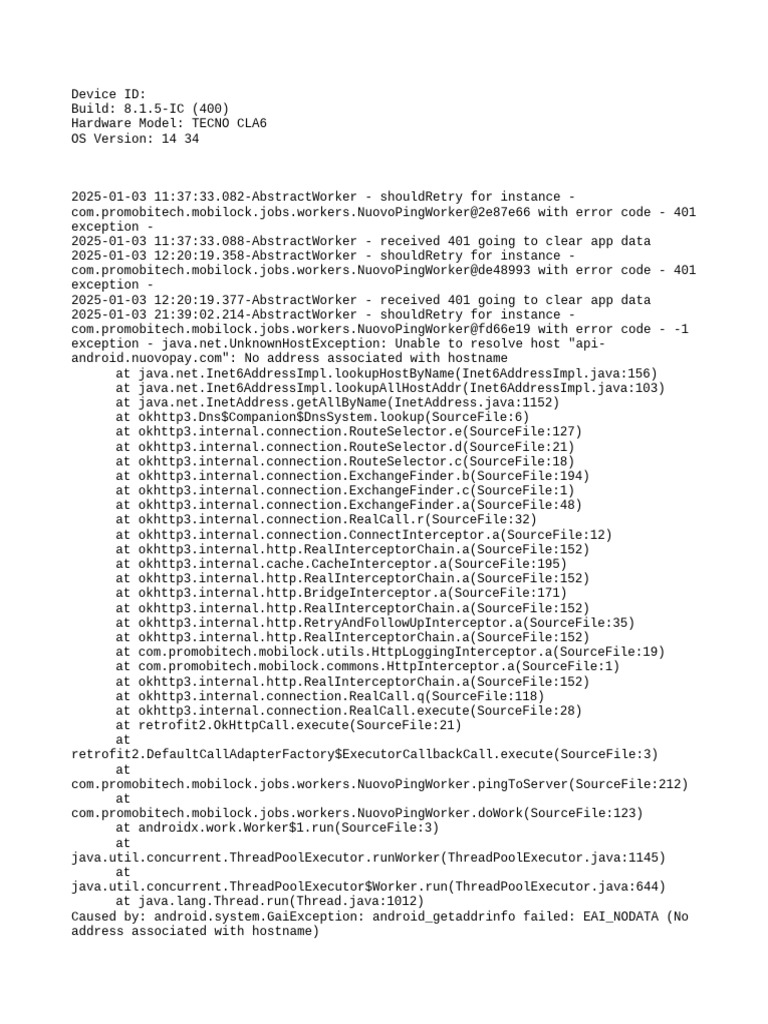 TECNO CLA6 Error Log Analysis | PDF | Java (Programming Language ...