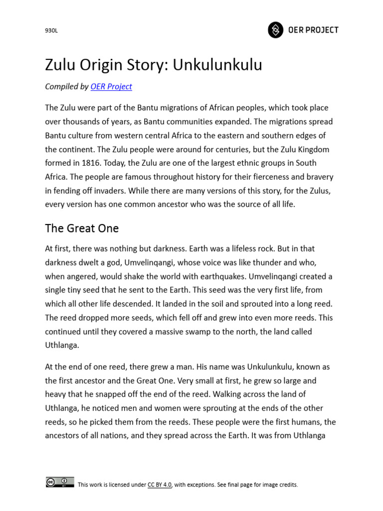 Zulu Creation Myth: Unkulunkulu's Tale | PDF