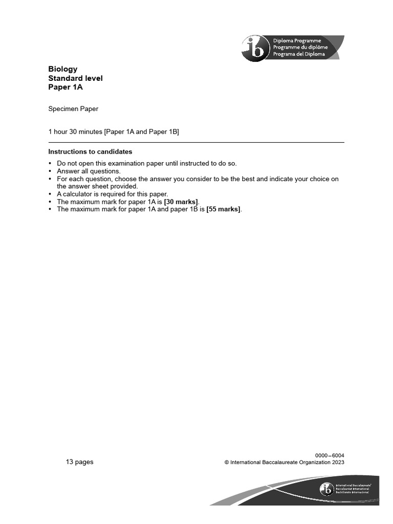 IB Biology Standard Level Specimen Paper | PDF | Cell (Biology) | Cell ...