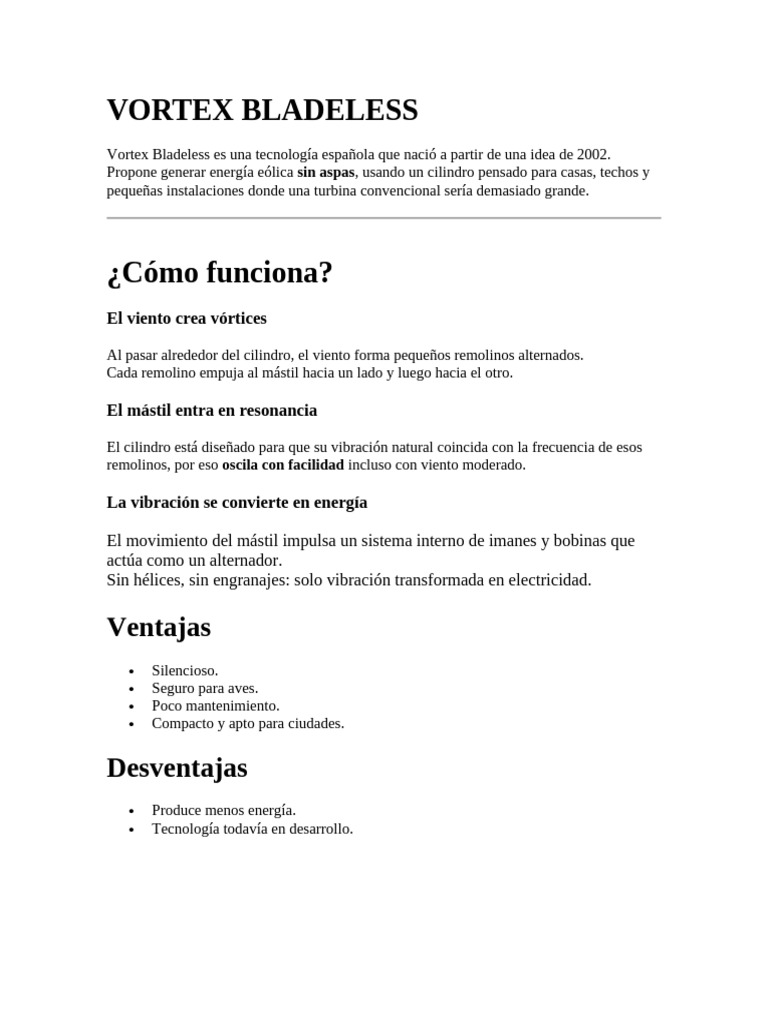 Energía Eólica Sin Aspas: Vortex Bladeless | PDF