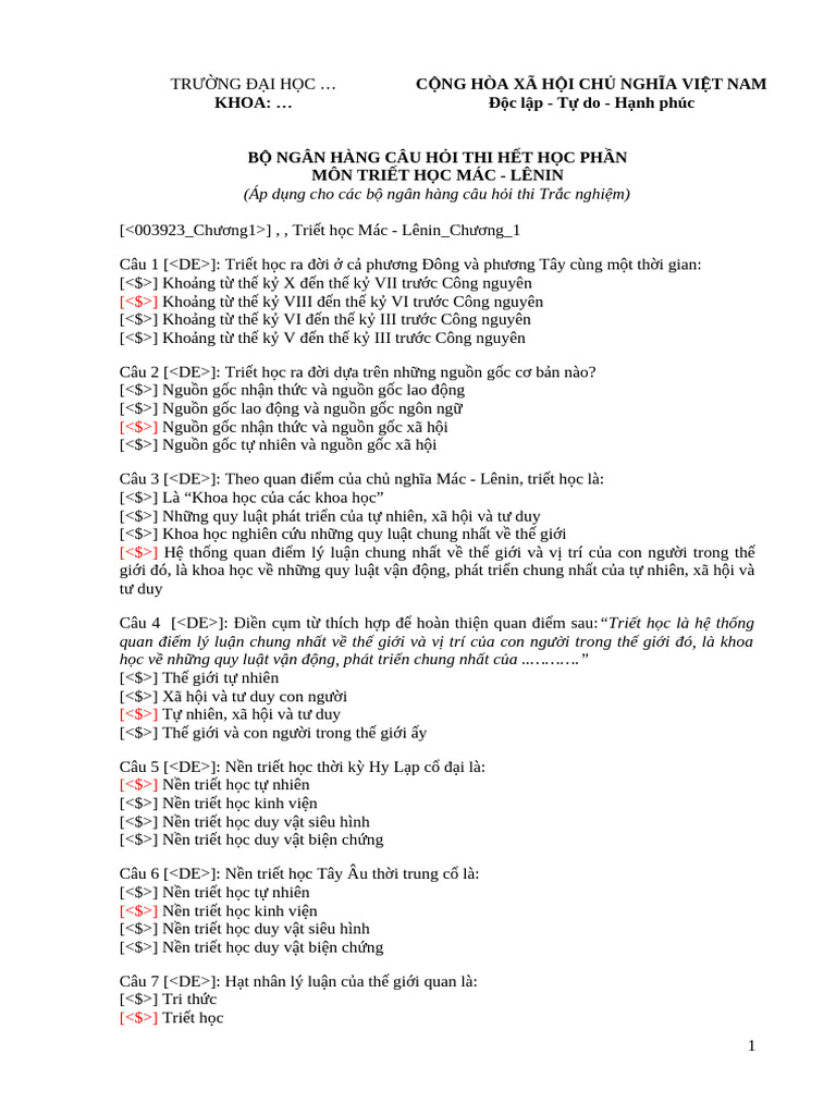 Ngan Hang Cau Hoi Tn Mon Triet Hoc 450 Cau Compress | PDF