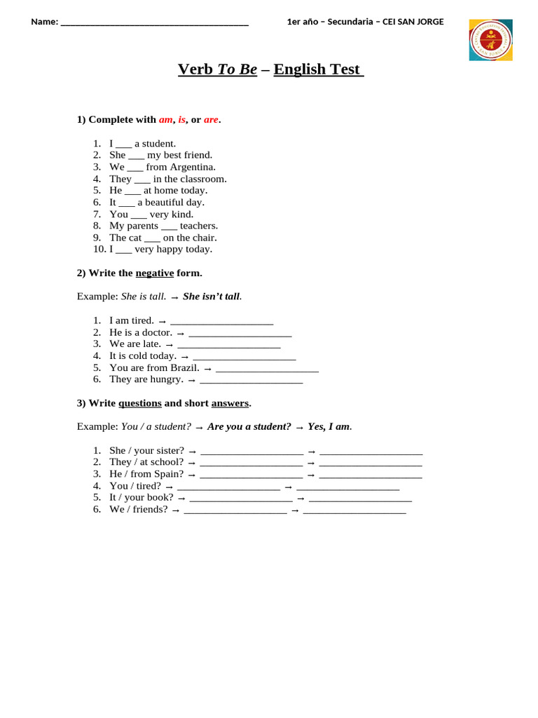 English Test: Verb "To Be" Exercises | PDF
