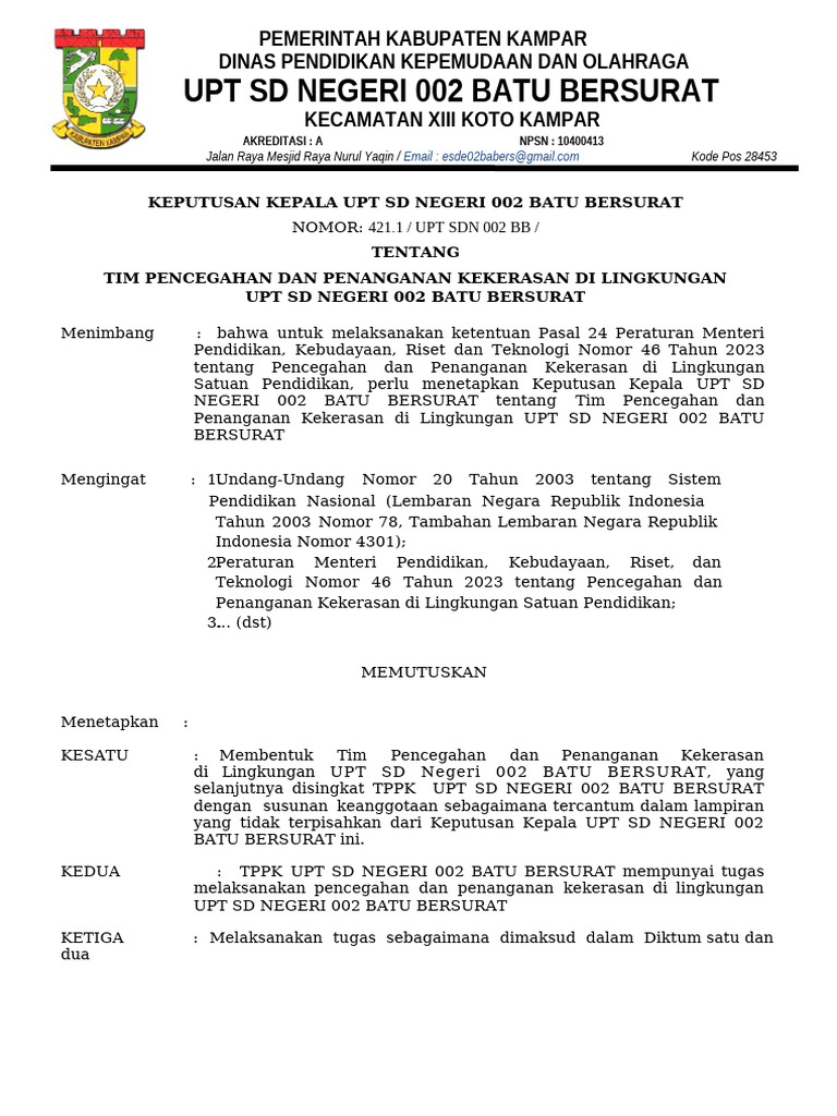 Tim Pencegahan Kekerasan UPT SD 002 | PDF