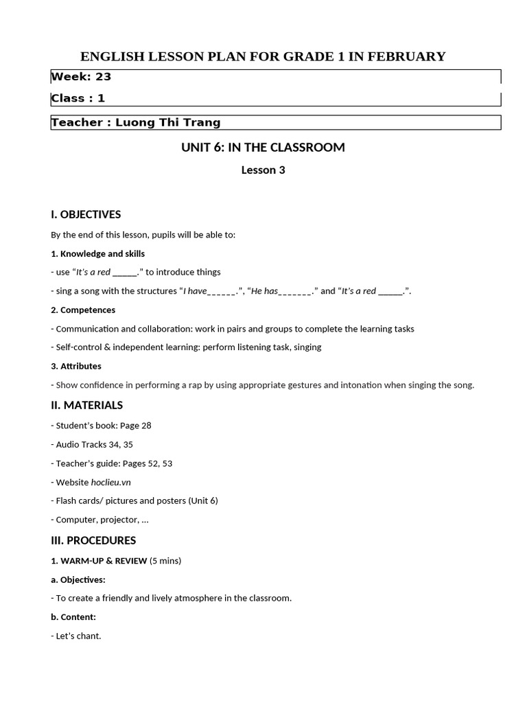 Grade 1 English Lesson Plan: February | PDF | Teachers | Letter Case