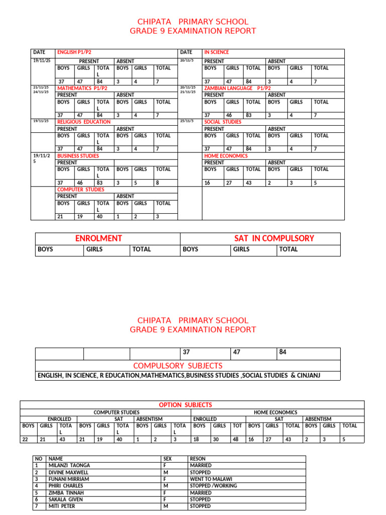 Chipata Primary School Grade 9 Exam Report | PDF