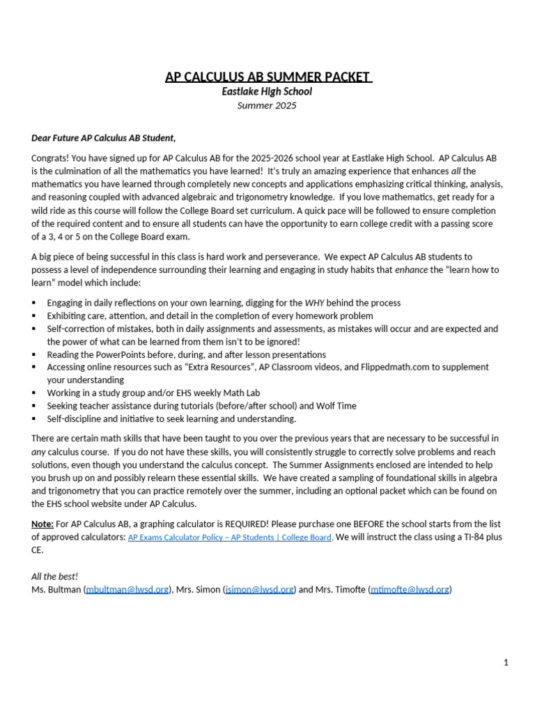 AP Calculus AB Summer Assignment 2025 - 2026 | PDF | Polynomial ...