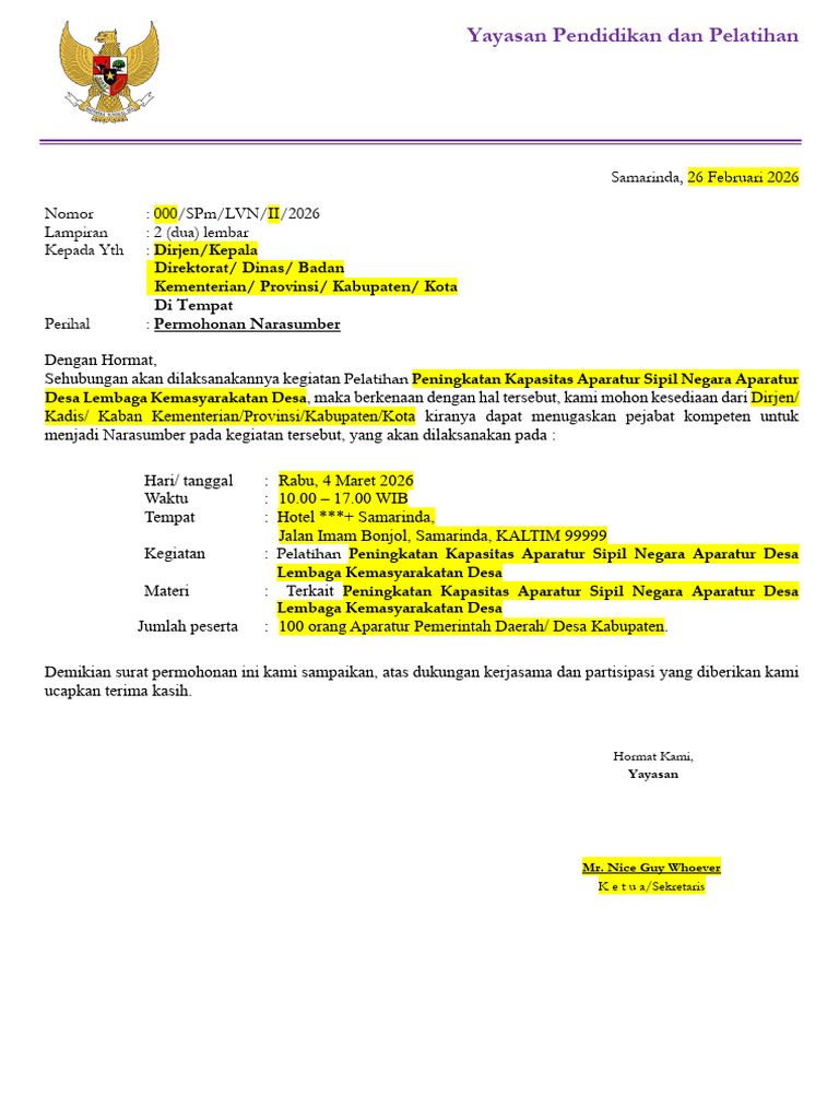 Permohonan Narasumber Pelatihan ASN Desa | PDF