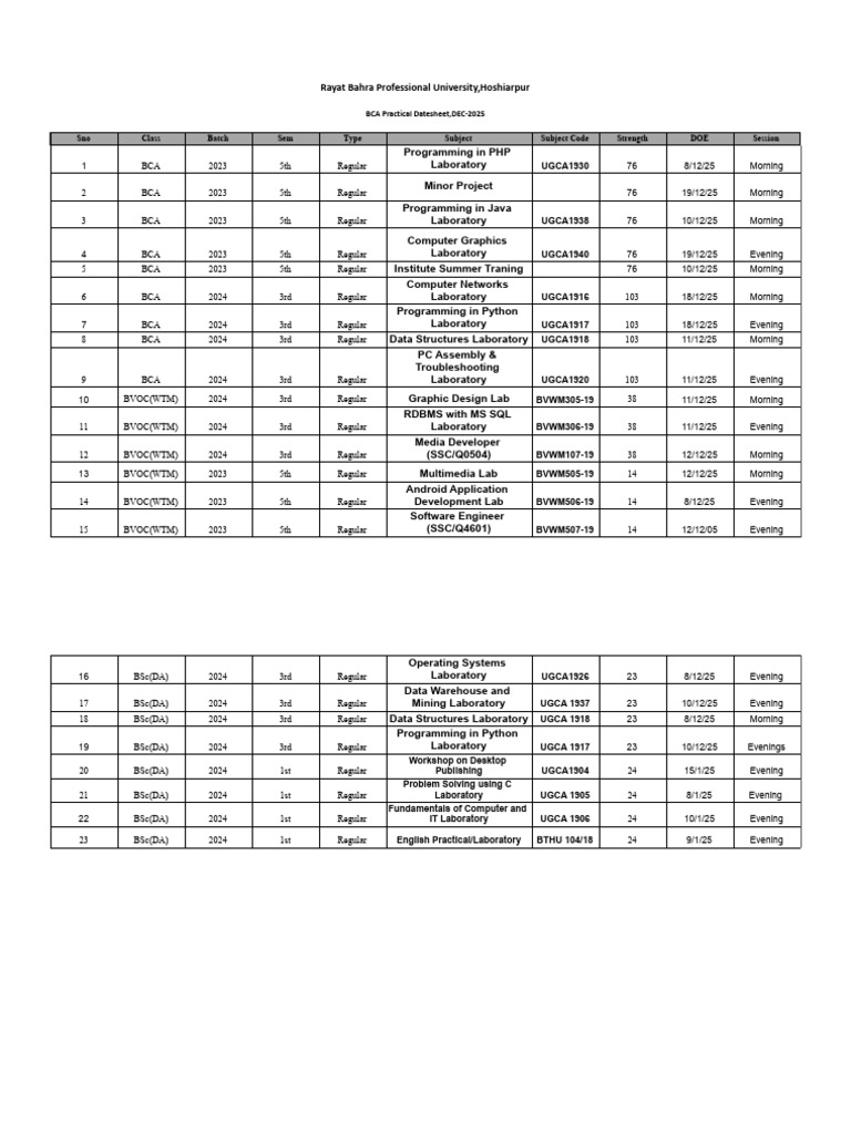 BCA Practical Datesheet DEC-2025 | PDF | Computer Architecture | Computing