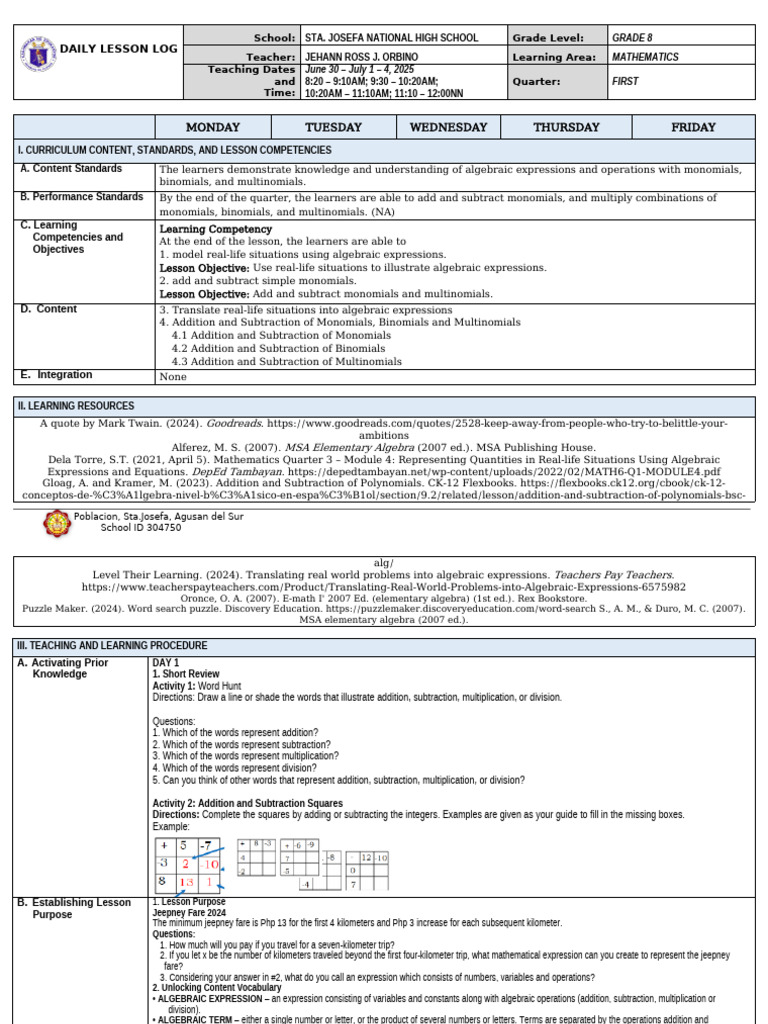 Grade 8 Math Daily Lesson Log | PDF | Multiplication | Polynomial