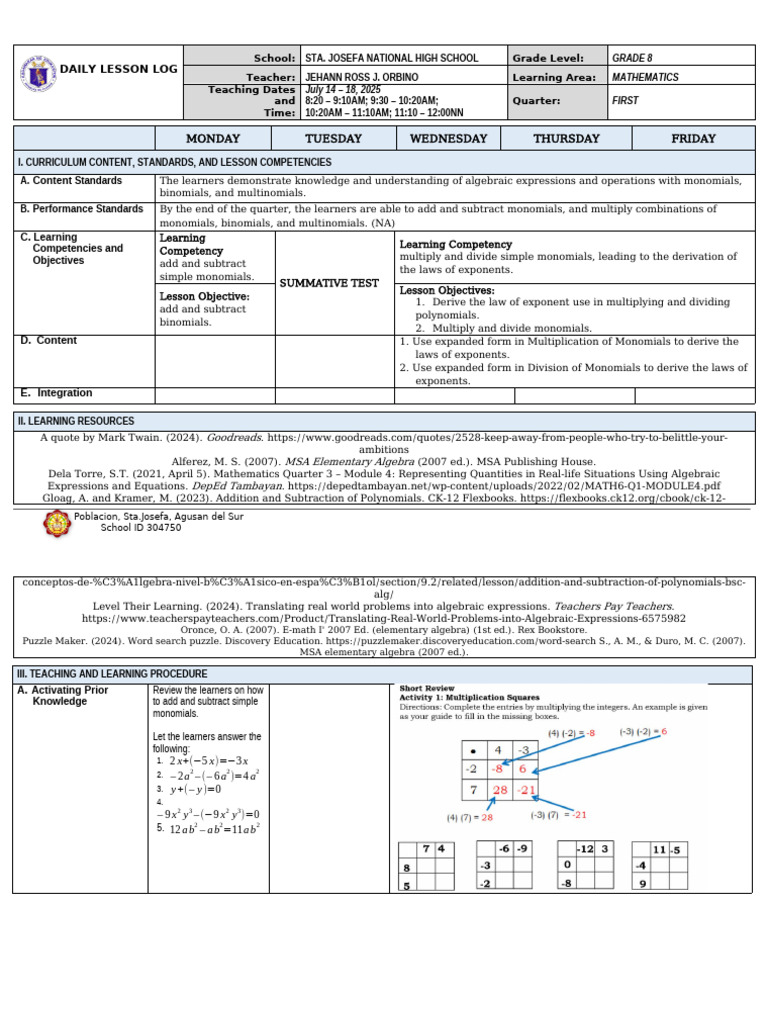 Grade 8 Math Lesson Plan: Polynomials | PDF | Polynomial | Multiplication