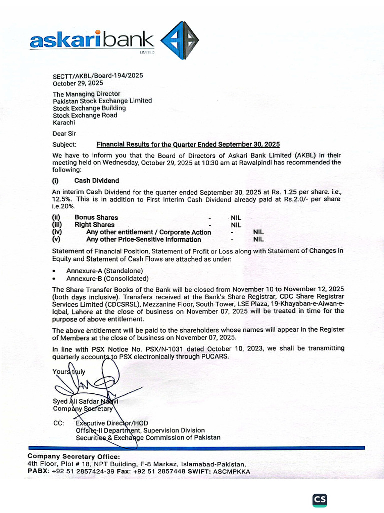 AKBL - Financial Results For The Quarter Ended September 30, 2025 | PDF