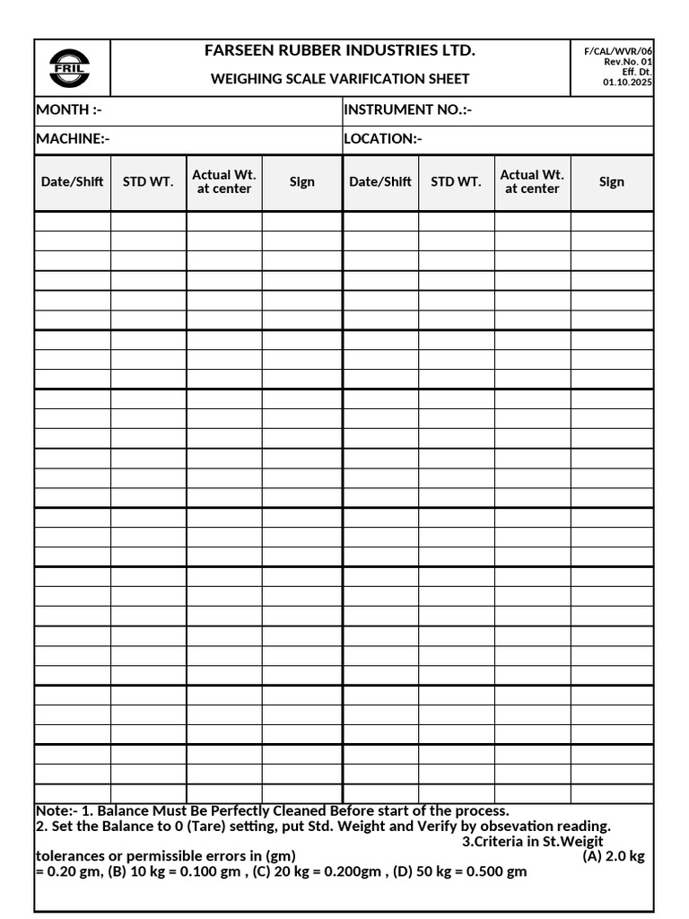 Weighing Scale Verification Sheet | PDF