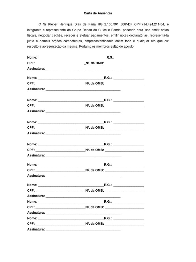 Carta de Anuência MODELO