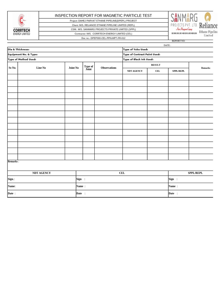 Magnetic Particle Test Inspection Report | PDF