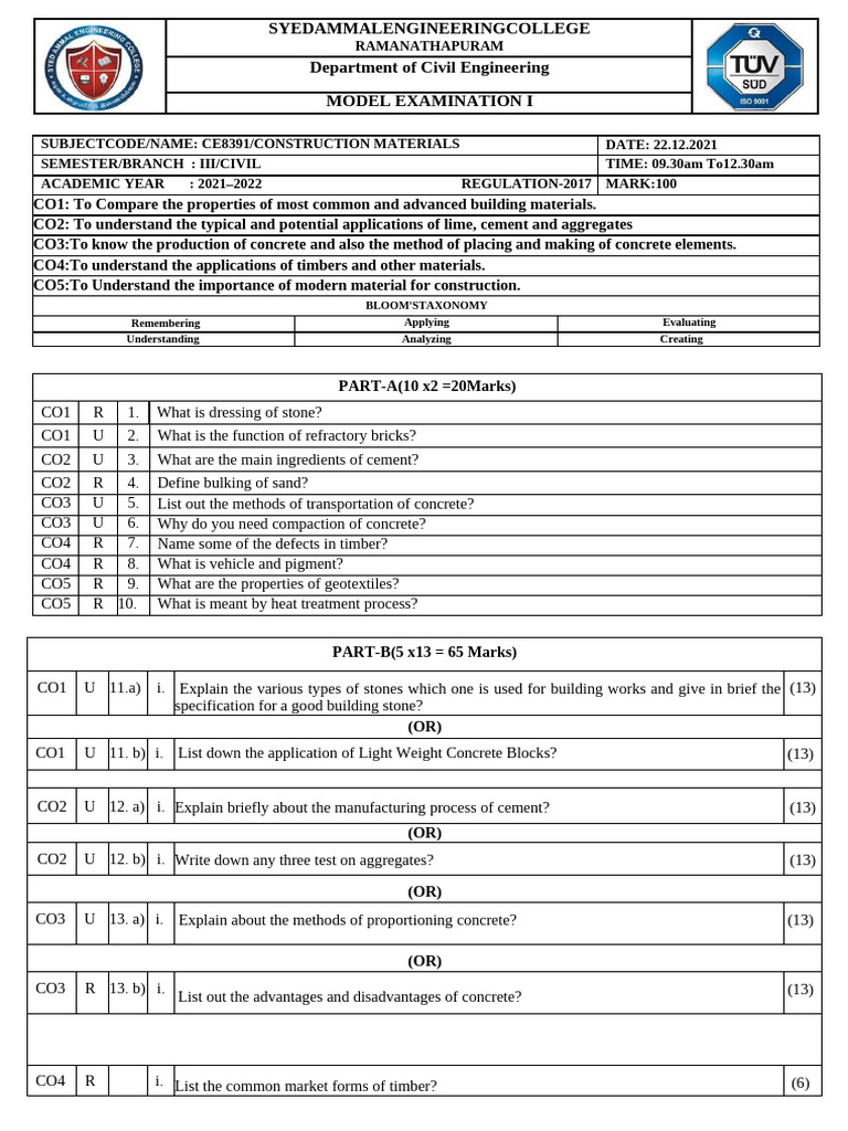 Civil Engineering Construction Materials Exam | PDF | Concrete ...
