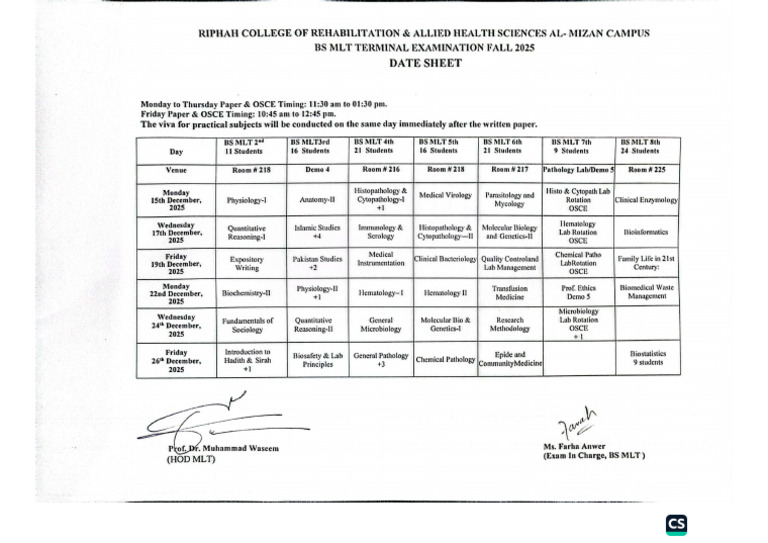 Final Date Sheet BS MLT Terminal Examnation - Fall 2025 | PDF
