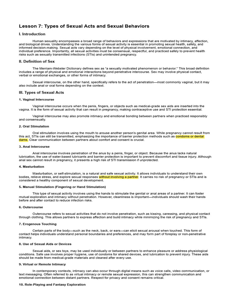 HumRep Lesson 7 - Types of Sexual Acts and Sexual Behaviors | PDF ...