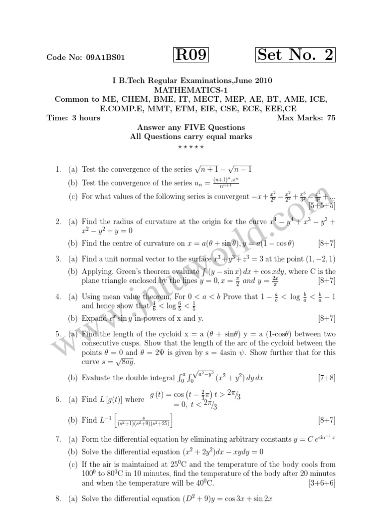 B.Tech Mathematics-1 Exam Questions | PDF | Curvature | Trigonometric ...
