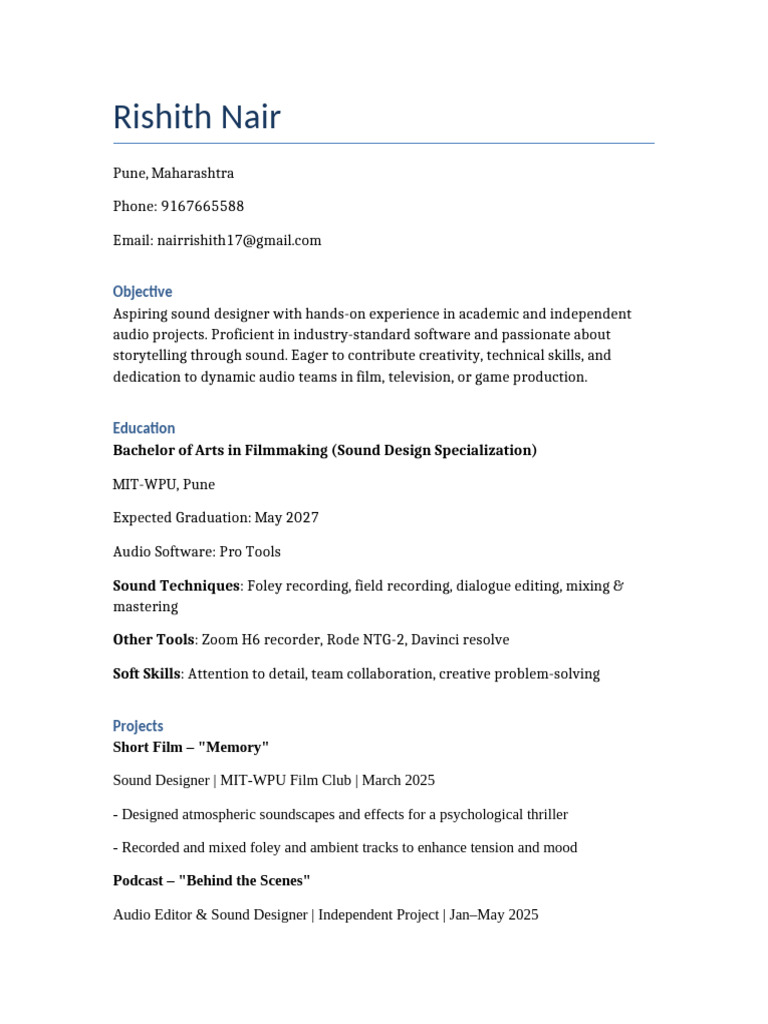 Aspiring Sound Designer Resume | PDF