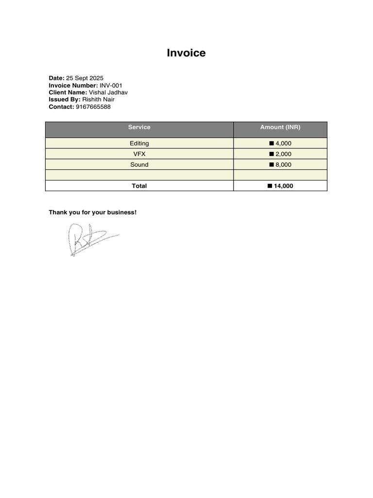 Invoice for Editing and VFX Services | PDF