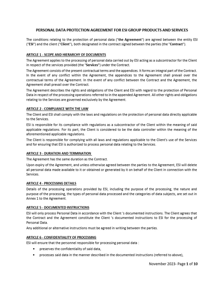 Personal Data Protection Agreement For Esi Group Products and Services ...