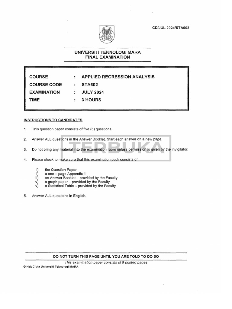 STA602 Applied Regression Analysis Exam | PDF | Errors And Residuals ...