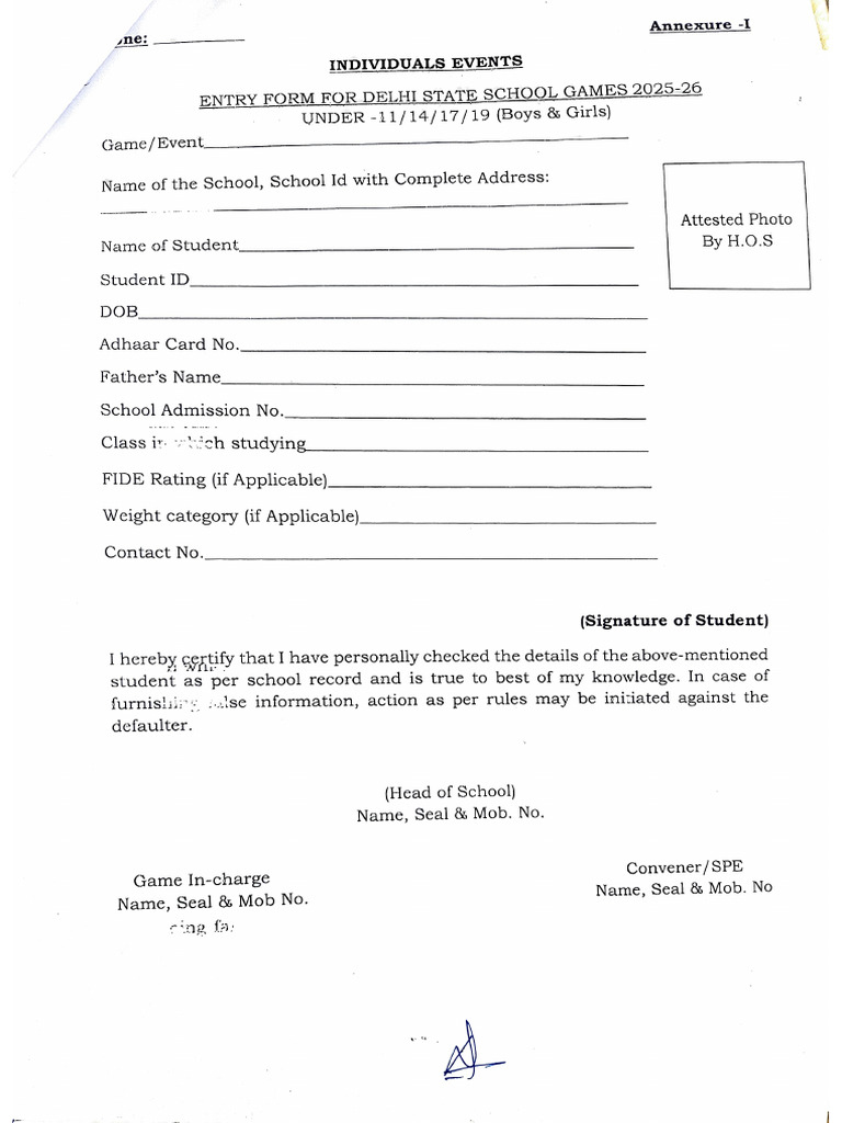 Delhi State School Games Entry Form | PDF